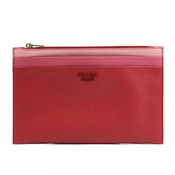 Auth PRADA Clutch Bag Red/Pink Leather/Goldtone - Picture 1 of 13